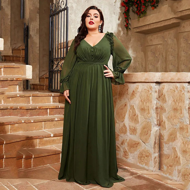 Maxy Plus Size Autumn V-Neck Long Dress Women Ruffle Pleated Fashion Loose Ladies Dresses Long Sleeve See Through Woman Dress