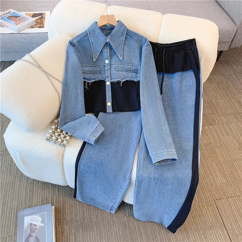 Maxy 2024 Vintage Women Patchwork Denim Jacket Pant Sets Long Sleeve Cropped Coat+High Waist Wide Leg Pants Streetwear Suit