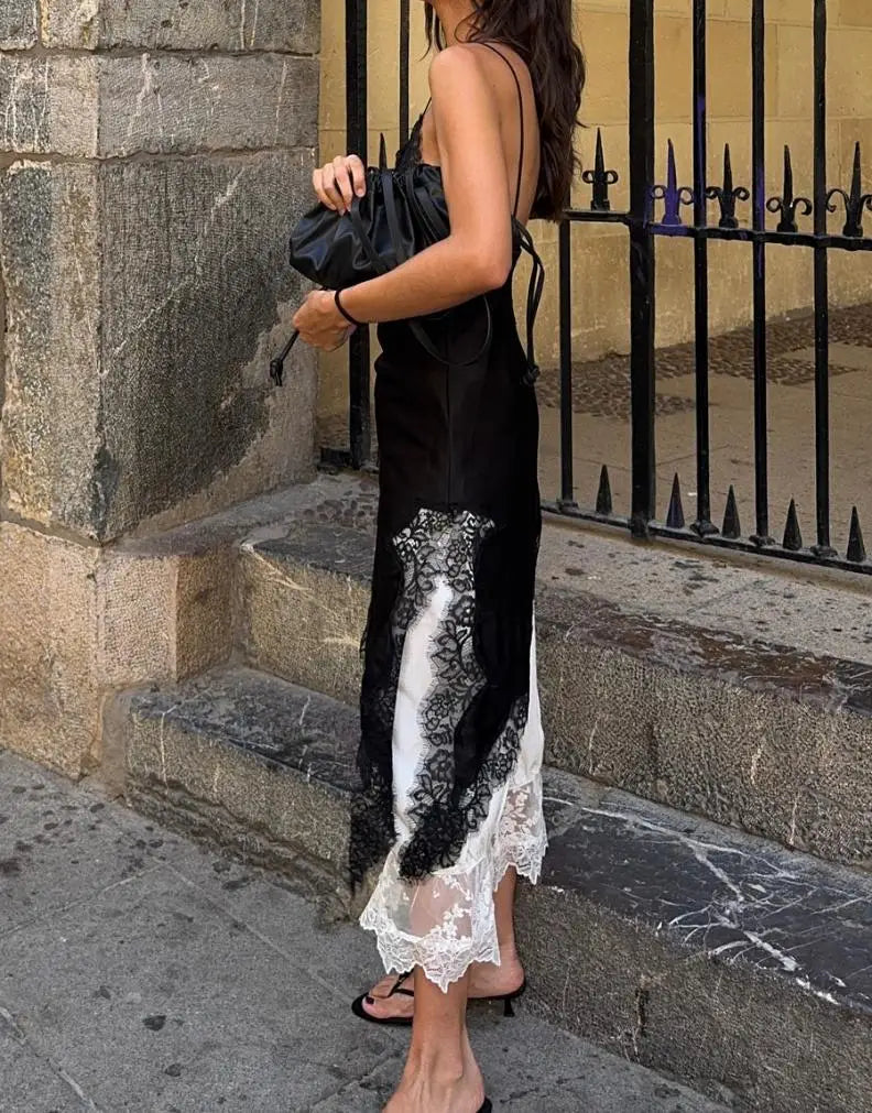 New Satin Lace Splicing Sling Dress Women Elegant Irregular Hem V Neck Backless Sleeveless Gown Chic Women Party Club Vestido