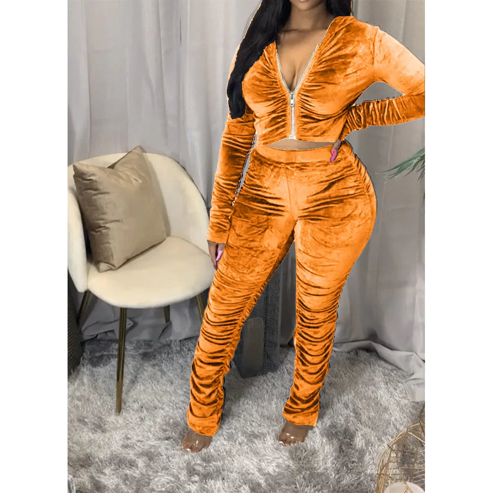 Maxy Autumn Winter Velvet Tracksuit Two Piece Set for Women Matching Sets Ruched Hoodies Jacket Stacked Pants Joggers Sweat Suits