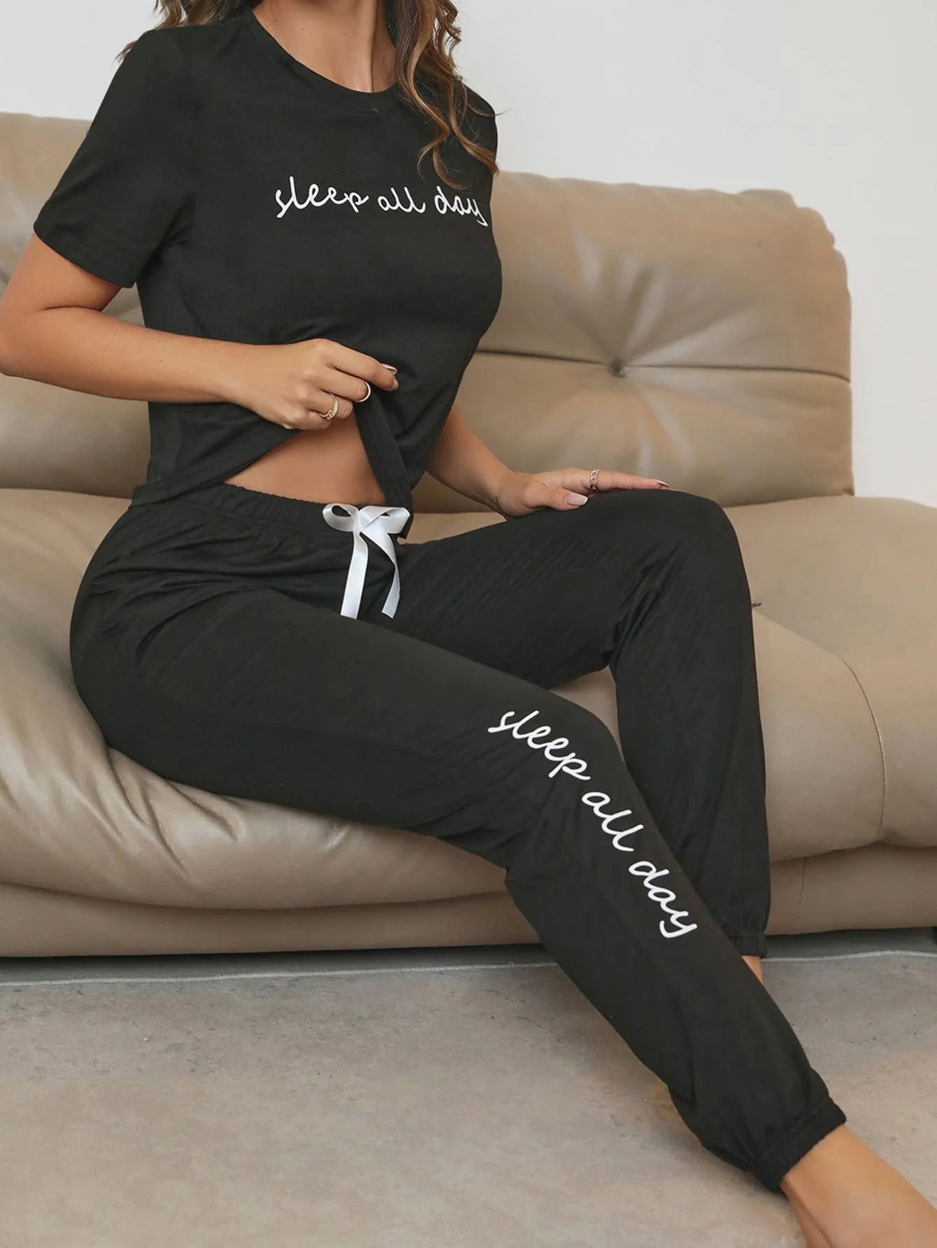 Maxy Sleep All Day Slogan Tee And Bow Front Lounge Pants Set