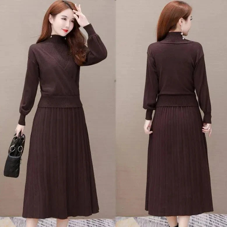 Maxy Elegant Half Turtleneck Sweater Dress 2 Piece Set Sleeveless Winter Vest + Midi Knitted Dresses Suit Large Size Women Outfits