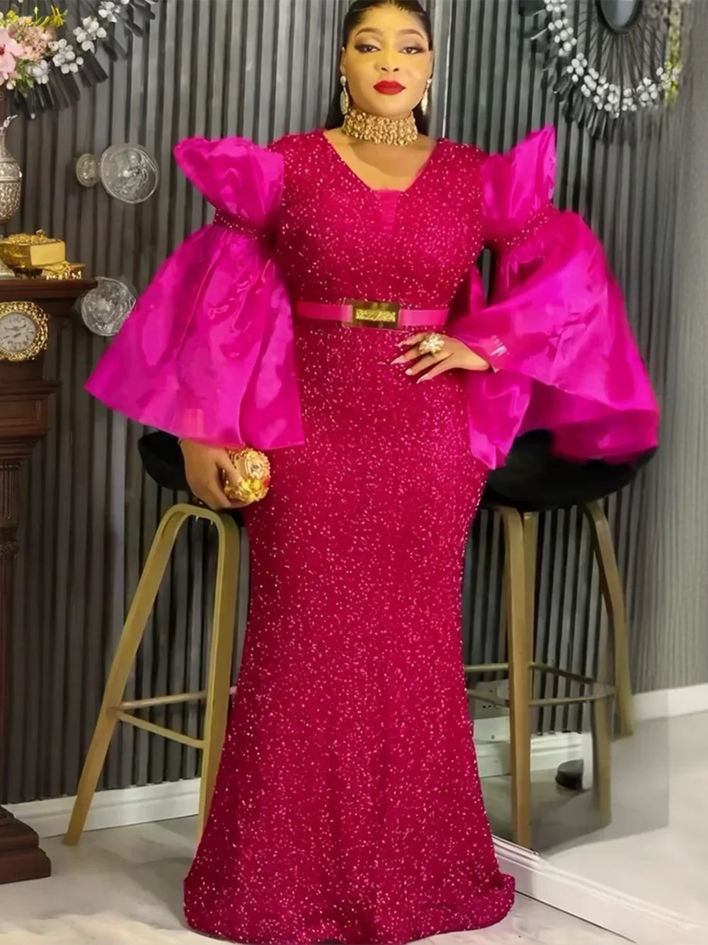Maxy Plus Size Party Dresses for Women Dashiki Sequin Sexy Bodycon Long Dress Elegant Turkey Muslim Wedding Evening Gown