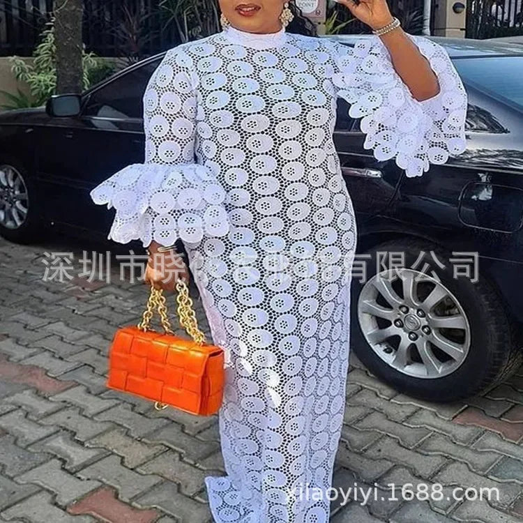 Maxy Flare Sleeve Women Dress Stand Collar Solid Hollow Out Lace Long Dresses Sheer Spliced Vestidos Elegant Lady Spring