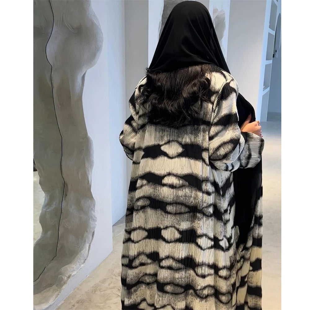 Maxy Ramadan Muslim Women Kimono Cardigan Pleated Open Abaya Printed Robe Dubai Turkey Gown Islamic Clothing Marocain Eid Dress