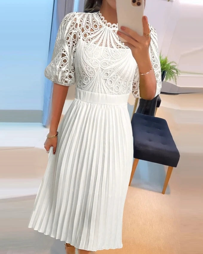 Maxy Women Dresses Spring Fashion Eyelet Embroidery Puff Sleeve Elegant Stand Collar Half Sleeve Plain Daily Pleated Midi Dress