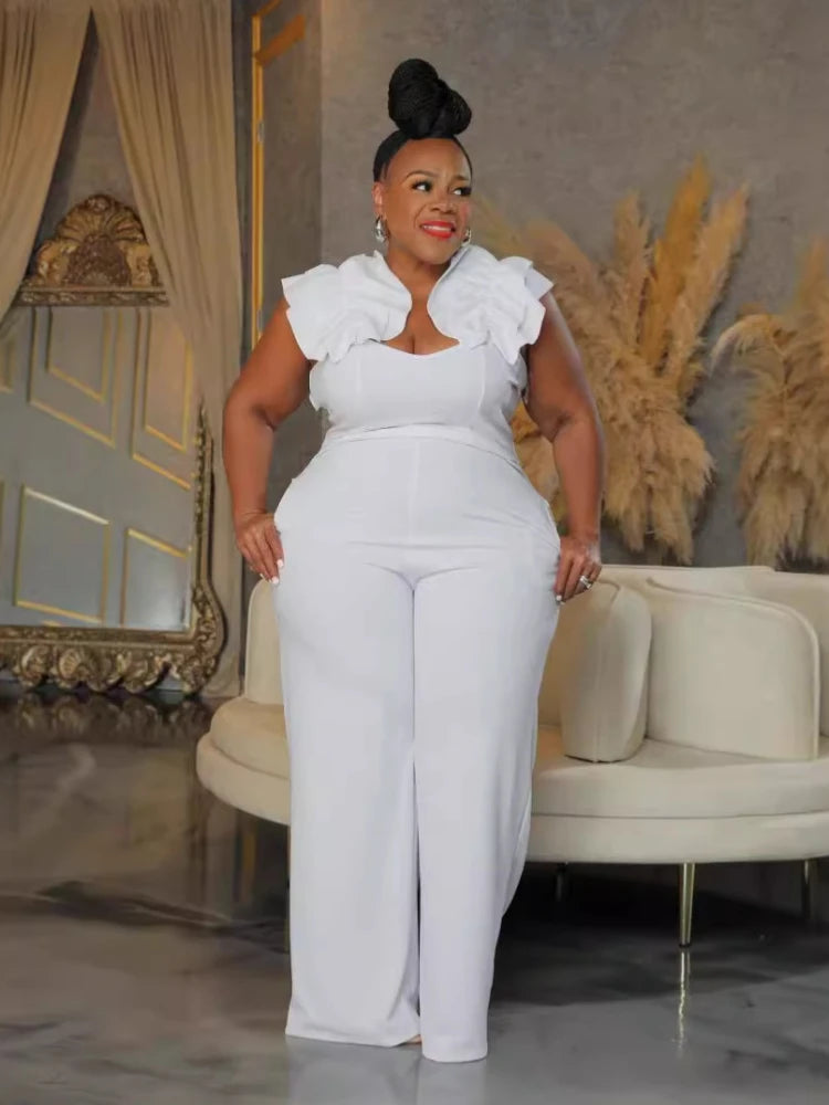 Plus Size 5XL Mercygrace Lace Elastic Slim Fit Wide Leg Jumpsuit Urban Fashion Party Elegant Solid Color Women's Clothing