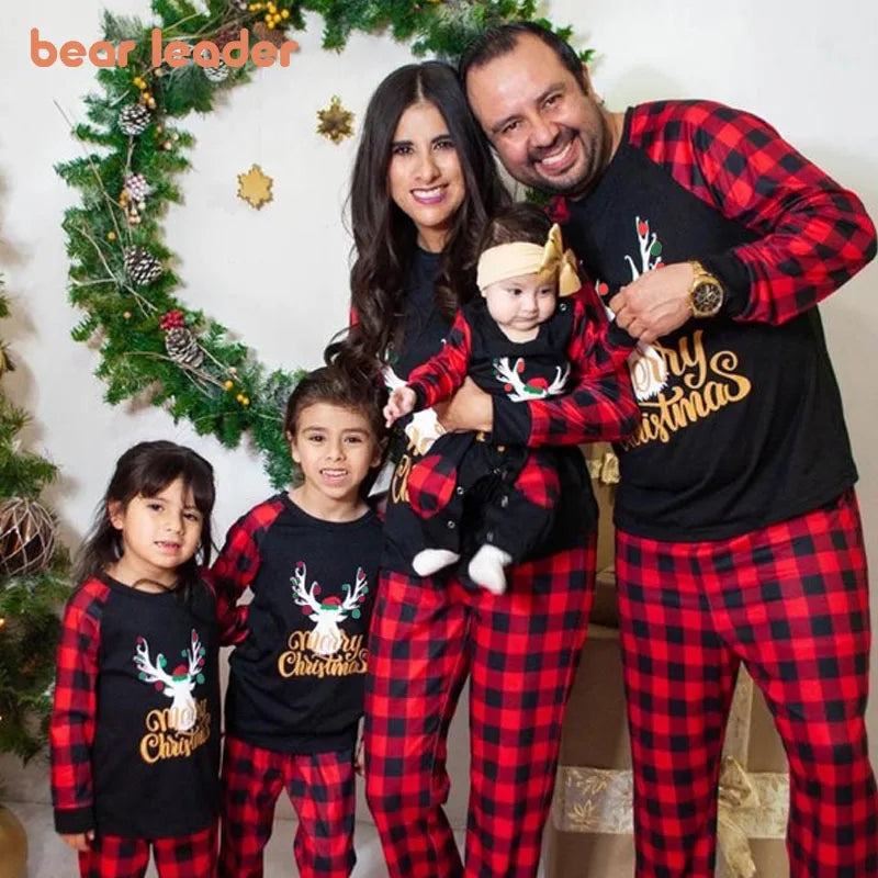 Maxy Bear Leader Christmas Father Mother Kids Clothes Top+Pants Family Matching Outfit Lattice Xmas Sleepwear Pj's Set Baby Romper