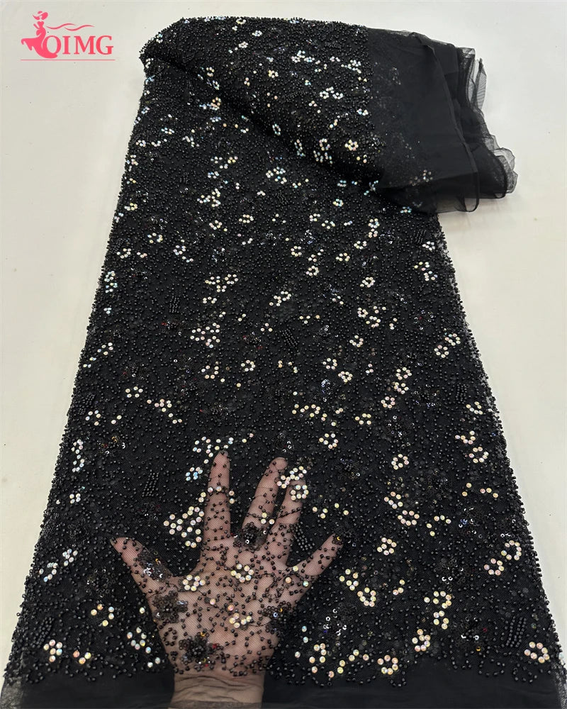 Maxy OIMG African Beaded Lace Fabric for Women, Mesh Lace, Embroidered French Sequins, Sewing Evening Dress, High Quality,