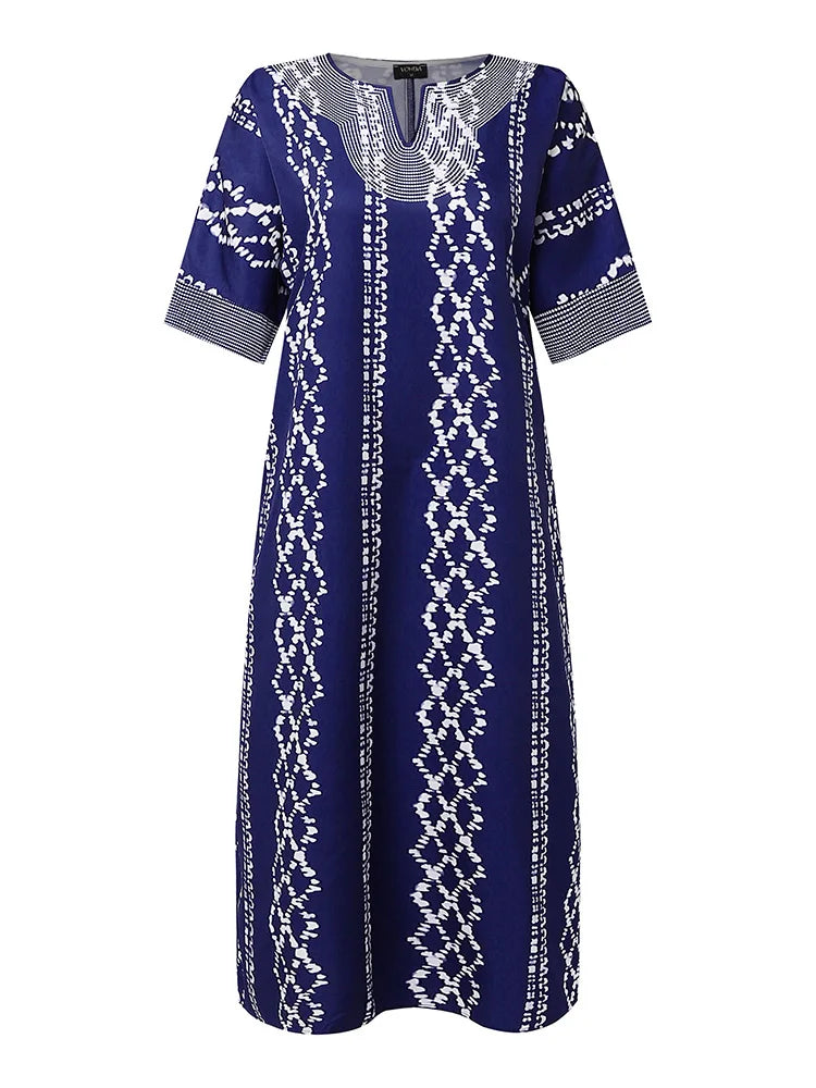 Maxy Plus Size 5XL VONDA Autumn Bohemian Printed Dress Women Vestidos Casual Half Sleeve Maxi Sundress Simple Elegant Long Robe