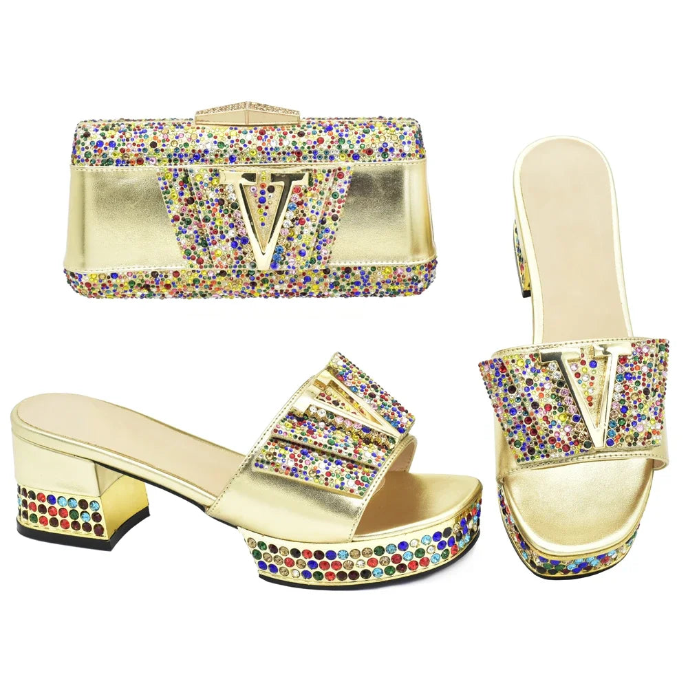 Maxy Ladies Shoes and Bags To Match Set Decorated with Rhinestone Shoes and Matching Bags Set Slip on Shoes for Women