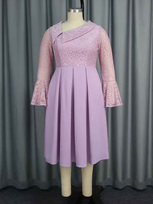 Babs Elegant Ball Evening Dress Women's Plus Size Purple Lace A-line Dress Irregular Collar Long Horn Sleeve Fold Dresses