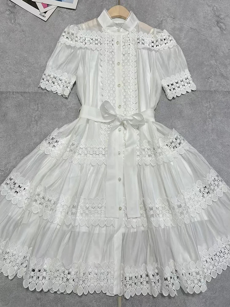Maxy summer women's new ladies stand collar hollow single-breasted short-sleeved dress with high waist and short A-line skirt.