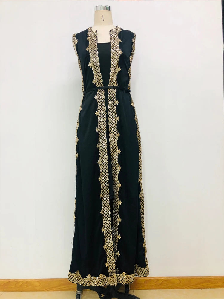 Maxy Two Piece Set Women Black Elegant Dress Summer Vintage Tank Leeveless Cardigan Embroided Floor Length Club Party Dresses
