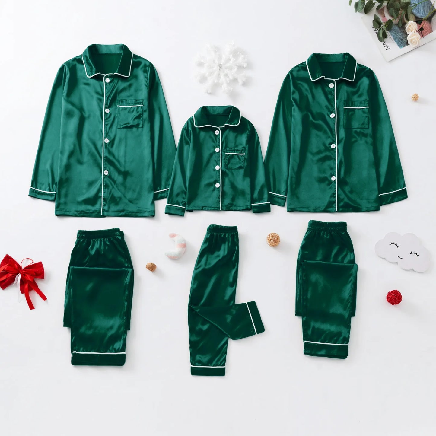 Solid Color Green Red Family Matching Pajamas Christmas Satin Monther Kids Sleepwear Outfits 2 Piece Suit 2023 New Year Pyjamas