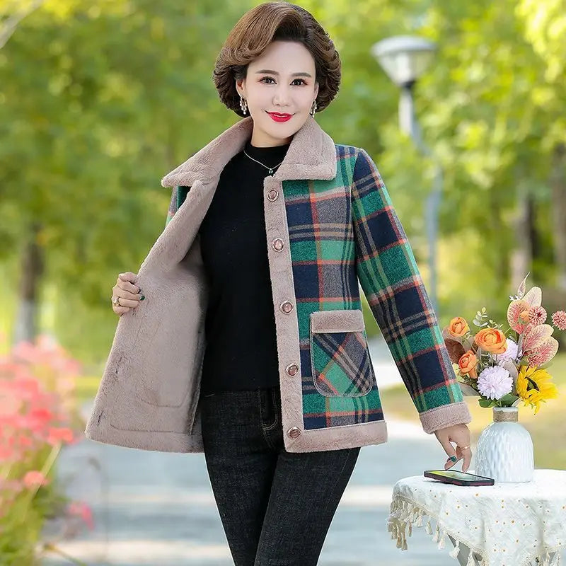 Middle-aged Mother New Cashmere Coat Autumn Winter Thick Warm Plaid Lambswool Jacket Female Add Velvet Parkas