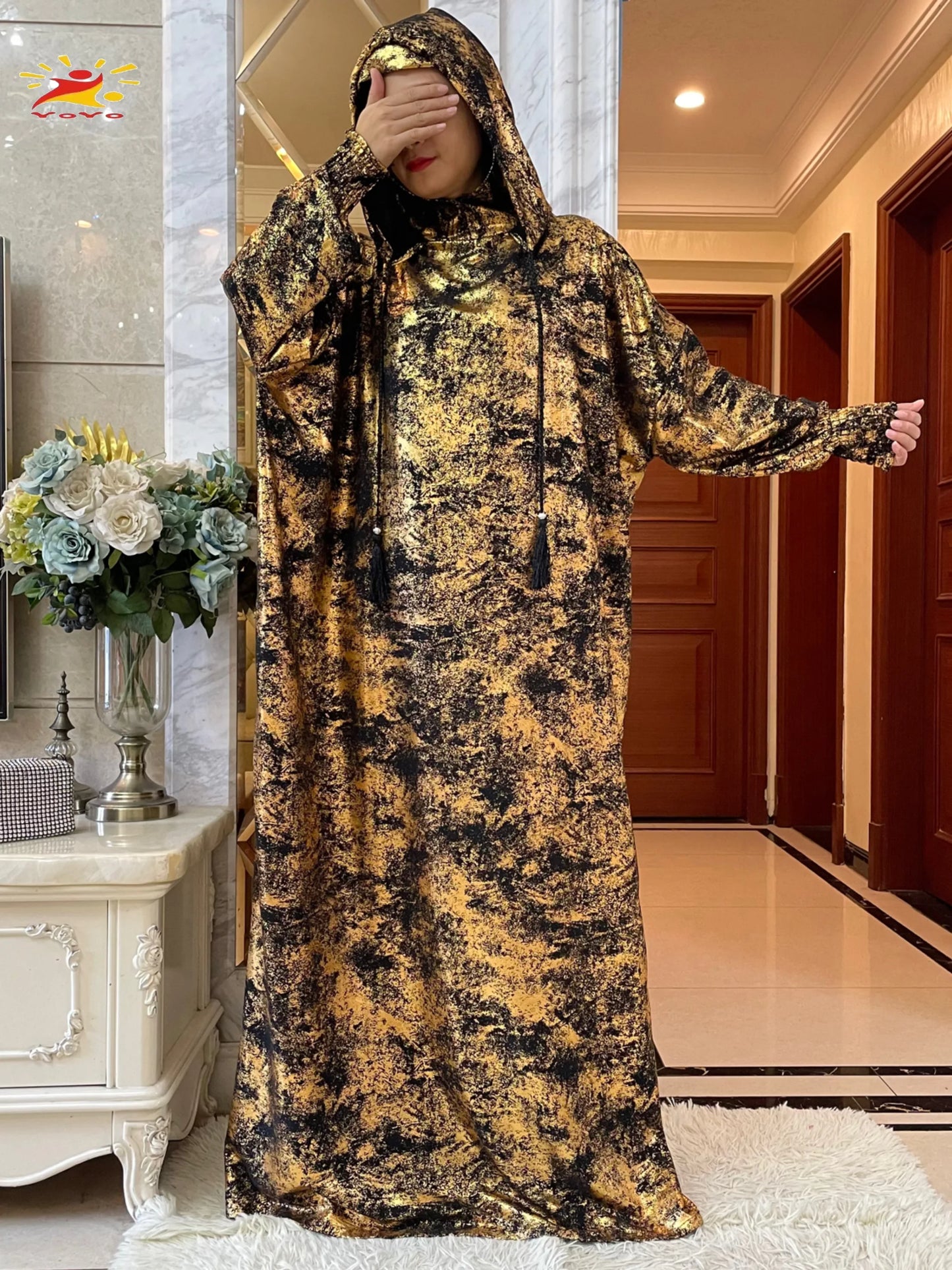 Maxy New Cotton Ramadan Muslim Two-Hat Abaya Dubai Turkey Islam Prayer Clothes Gold Dust   Dress Islam Women Dress Kaftan