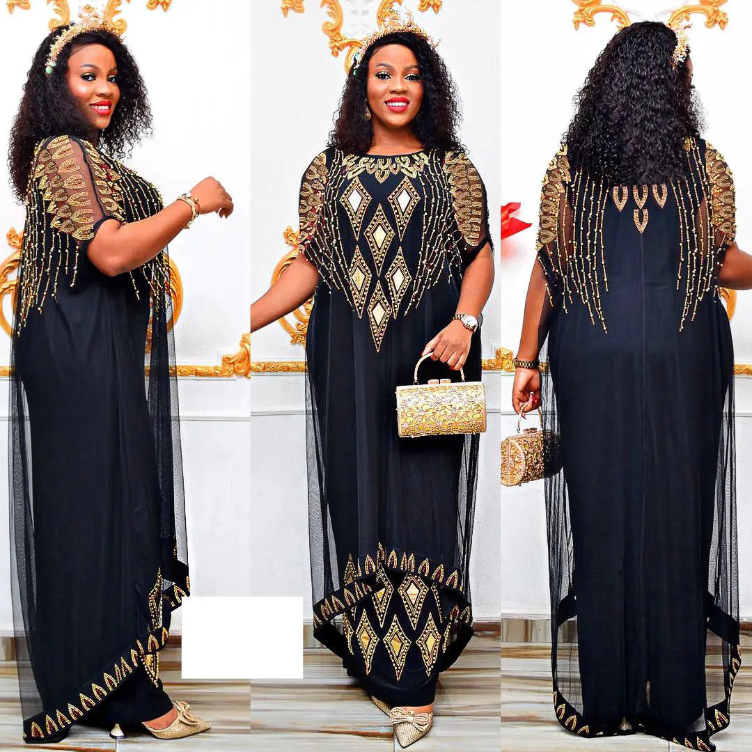 Maxy Two-Piece African Dresses for Women Traditional Nigeria Mesh Hot Drill Caftan Dress Abaya Musulman Robe Femme Clothes