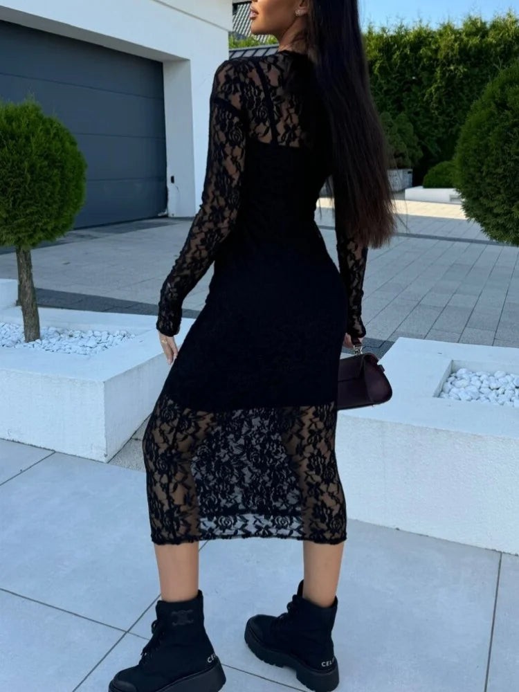 Maxy Autumn Long Sleeve O-neck Two Piece Set Elegant Clothing Spring Sexy Lace Long Dress Fashion Women Party Evening Dresses Black