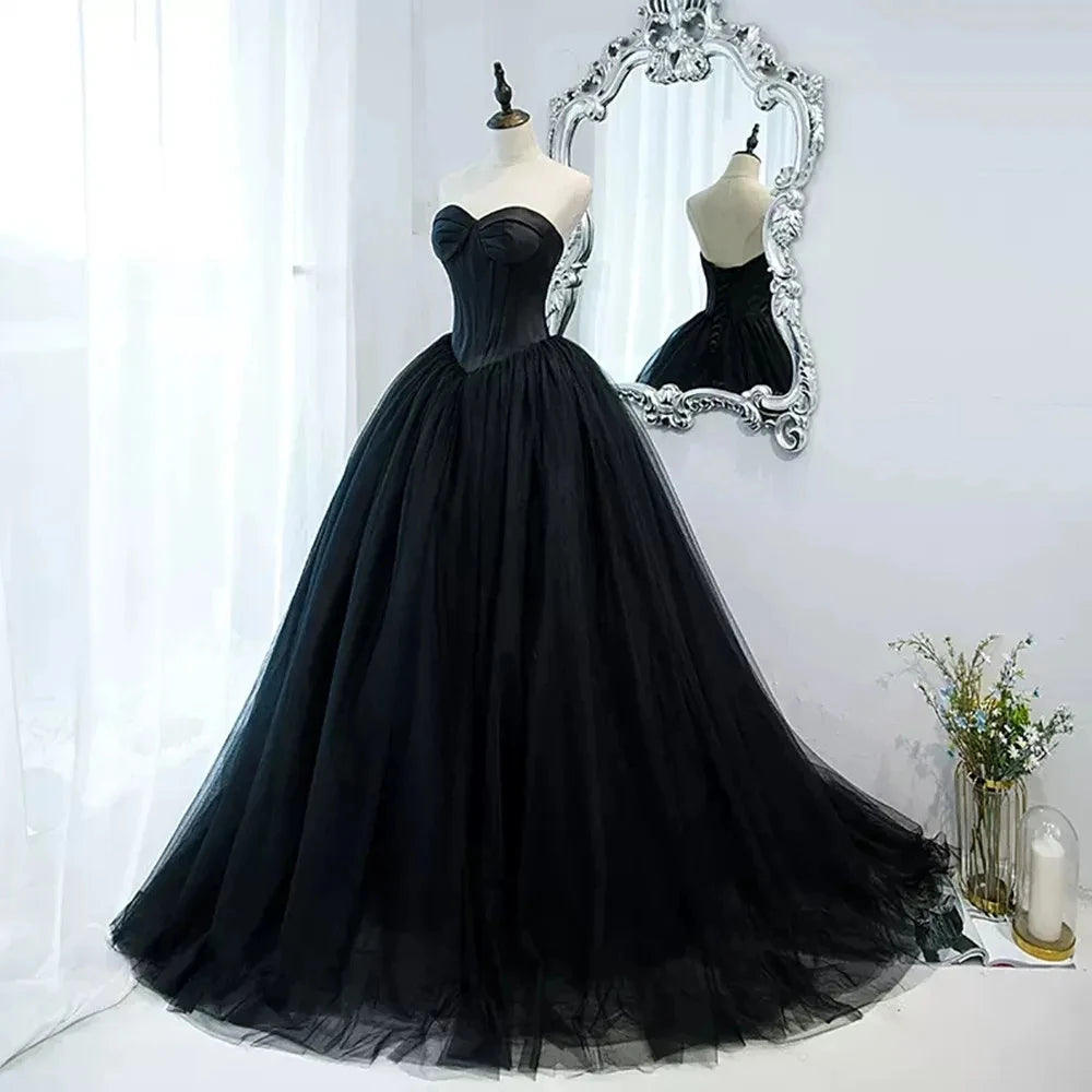 Maxy Gothic Black Tulle Prom Dresses Princess Sweetheart Satin Women Formal Evening Gowns Exposed Boning Night Party Dress Customized