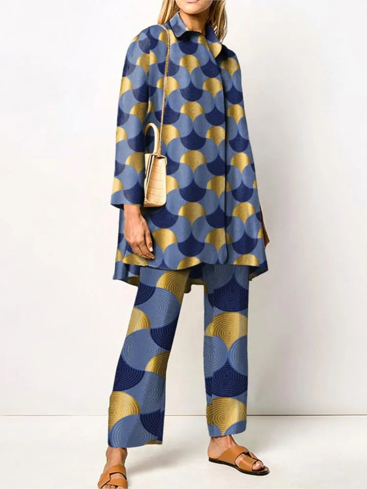 Maxy Autumn New Loose Vintage Printed Pant Sets Women Long Sleeve Shirts And Wide Legs Trousers Two Piece Set Fashion Streetwear