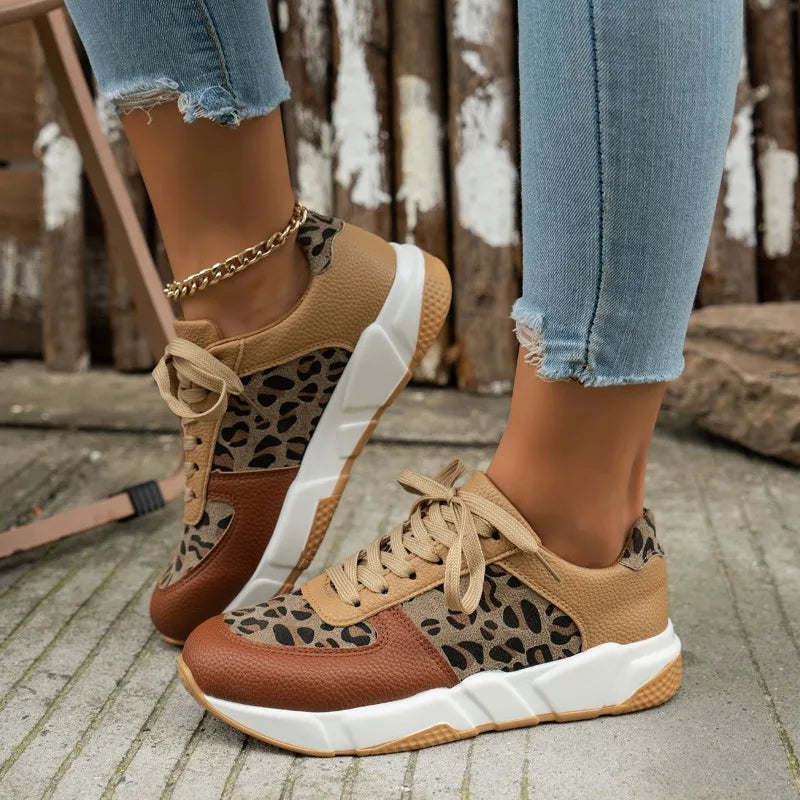 Maxy Women Casual Platform Shoes Round Toe Low-top Leopard Wedge Sneakers Women Comfortable Lace Up Outdoor Shoes for Women