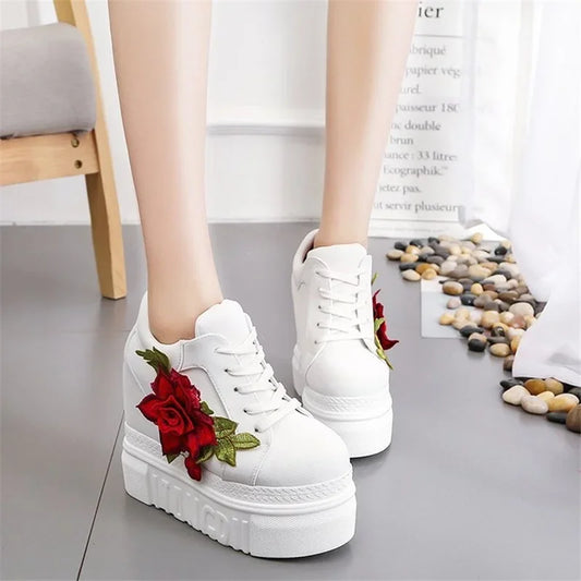 Maxy Embroidered Flowers Canvas Sneakers Autumn Women High Wedge Sneaker Fashion White/black/red Platform Woman's Sports Casual Shoes