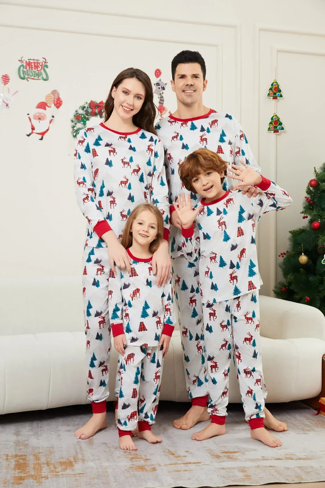 Maxy Cartoon All Over Print Christmas Pajamas Set Family Matching Outfits Cute Baby Dog Romper Pjs Soft Loose Sleepwear Xmas Pjs