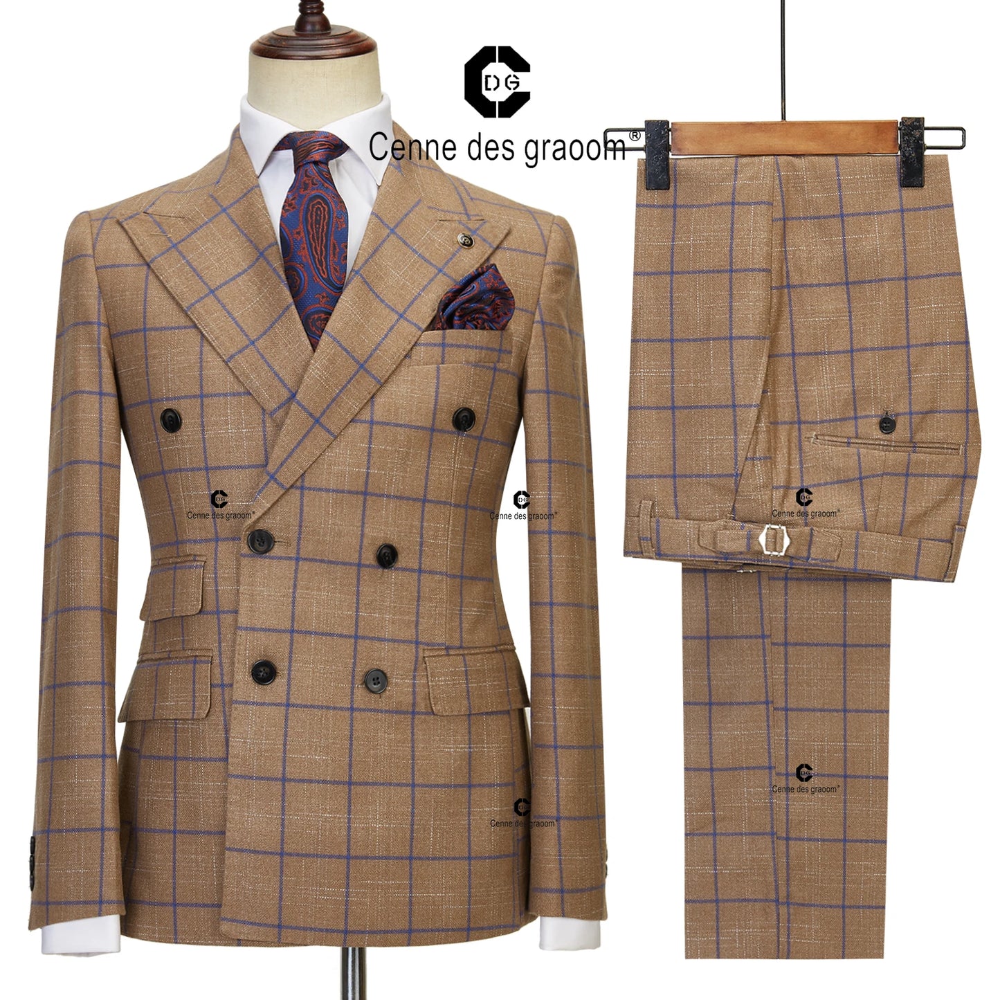 Maxy Canne Des Groom 2024 New Brown Plaid Suits for Men Double Breasted 2 Pcs Set Blazer Jacket Pants Party Meeting Office