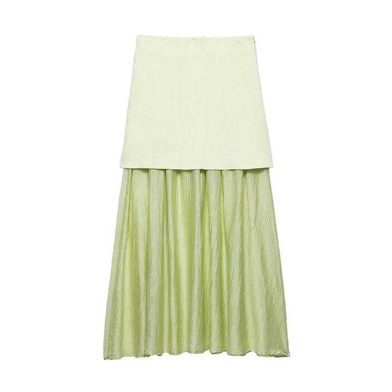 TRAFZA Women 2 Piece Set V-Neck Sleeveless Button Knitted Vest Top+Elegant Splicing High Waist Zipper Long Skirts Holiday Suits