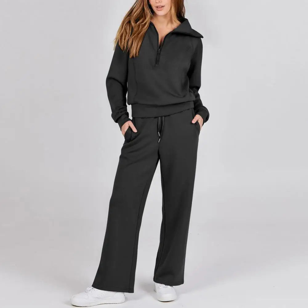 Oversized Sweatshirt Pants Set Women Two-piece Casual Suit Thick Loose Solid Color Tracksuit Set with Lapel Coat Wide for Fall