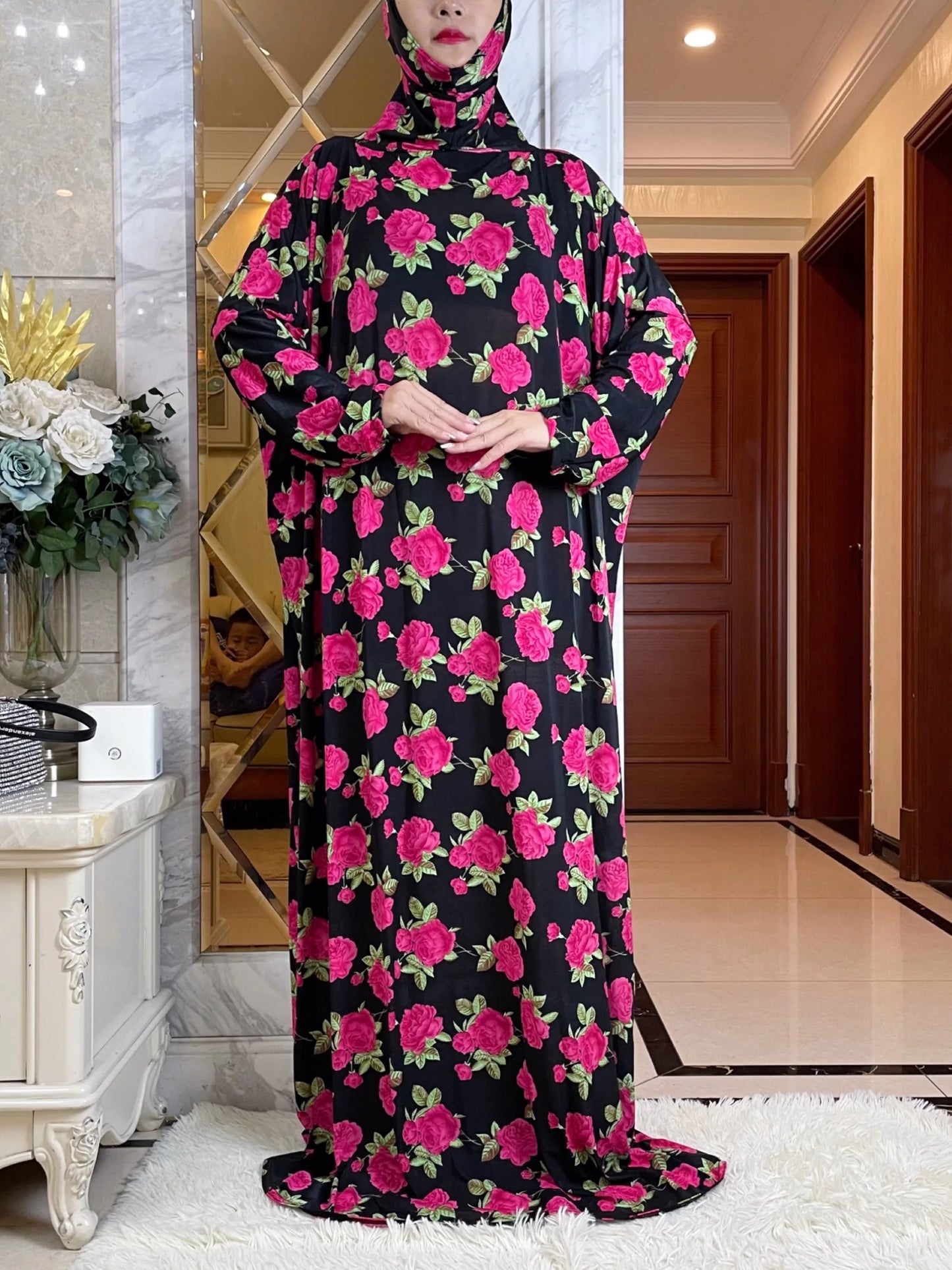Maxy Ramadan Abaya Muslim Women, Hooded Turkey Dress, African Prayer Garment, Dress, High Elastic Comfort Fabric, Floral Prints Rob