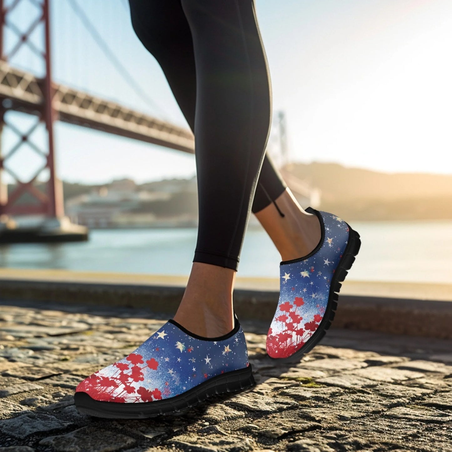 Maxy Women Flat Shoe Red Flowers Stars Walking Comfortable Casual Workout Sneakers Breath Mesh Shoes Loafers