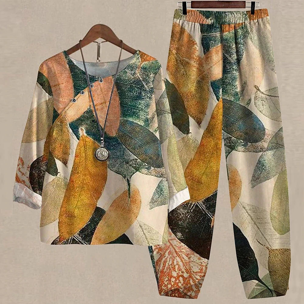 Maxy Leaf Printing Women O Neck Short Sleeve Suit Elegant High Waist Pants Fashion Top&Pants Set Casual Outfits Two Piece Sets Summer