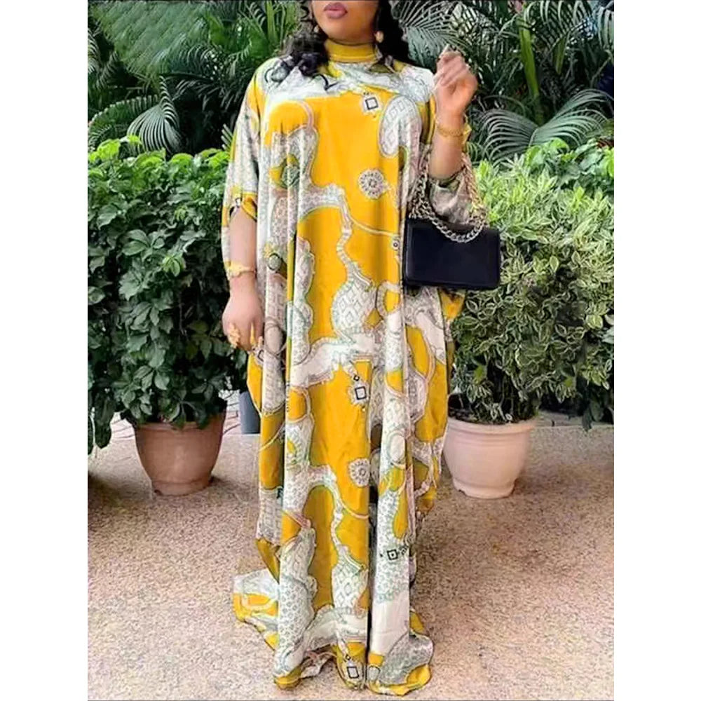 Maxy Elegant Dresses for Women New Plus Size Print Kaftan Muslim Evening Party Long Dress Summer Clothing