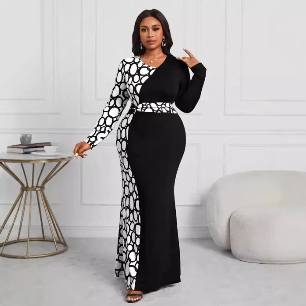 Maxy Plus Size Contrast Color Women Dress O Neck Front Twist Female Long Sleeves Elegant Dresses Bodycon Clothing Evening Party Gowns