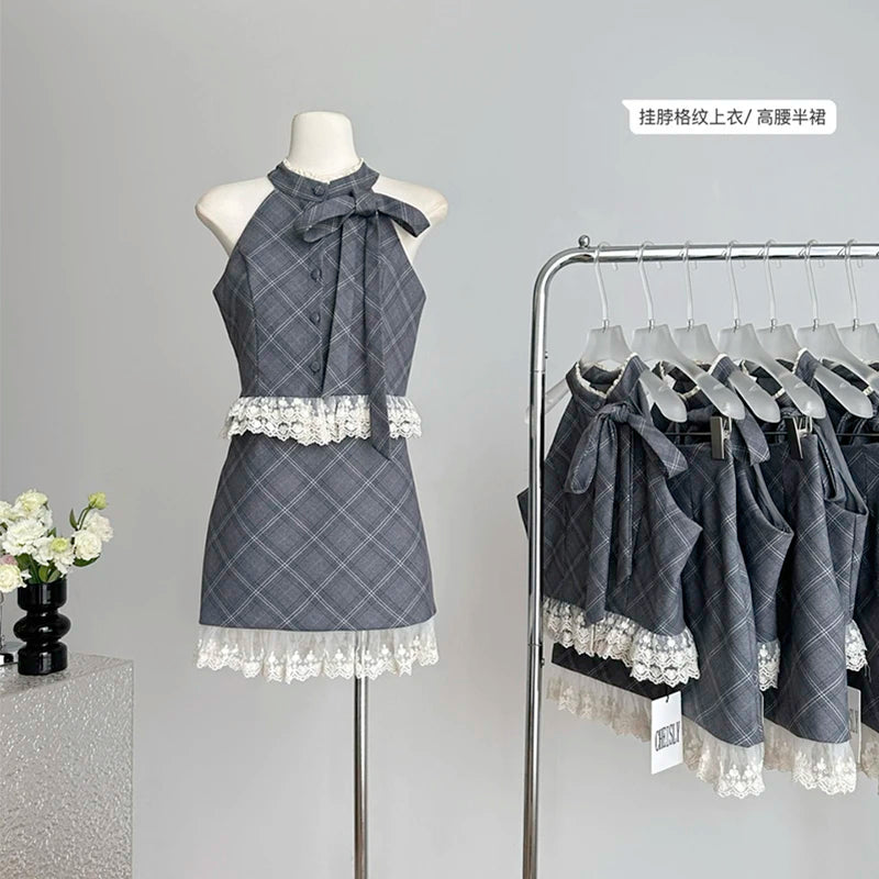 Amay Summer Women Old Money Ballet Core Party Rave Birthday Vacation Club Suit Lace Plaid Outfits 2 Piece Set Tank Top + Mini Skirt