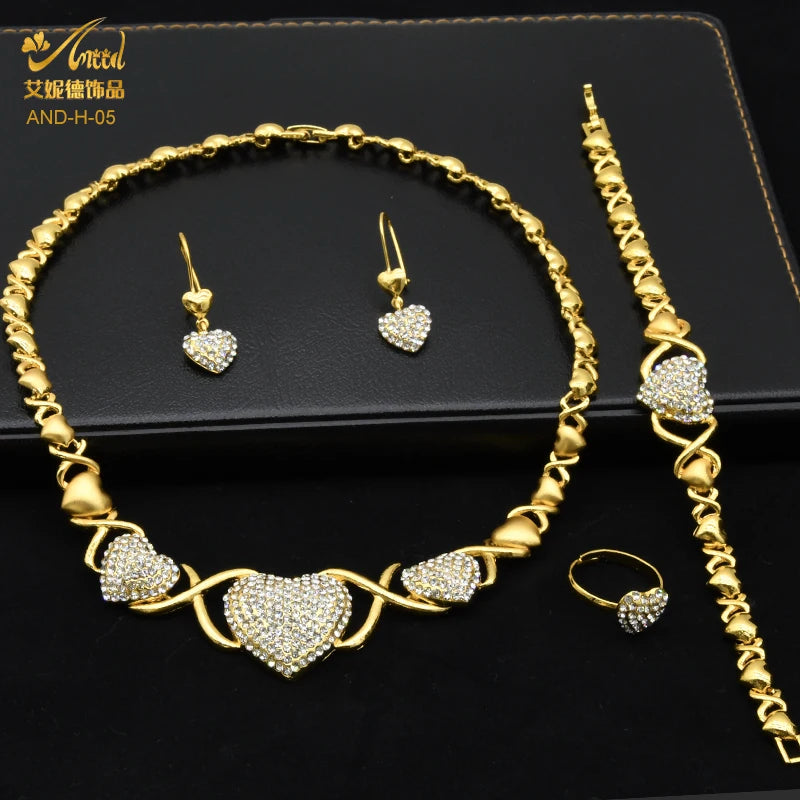 Maxy Women Gold Plated Jewelry Set Heart Necklace African Wedding Bangles Luxury Bridal