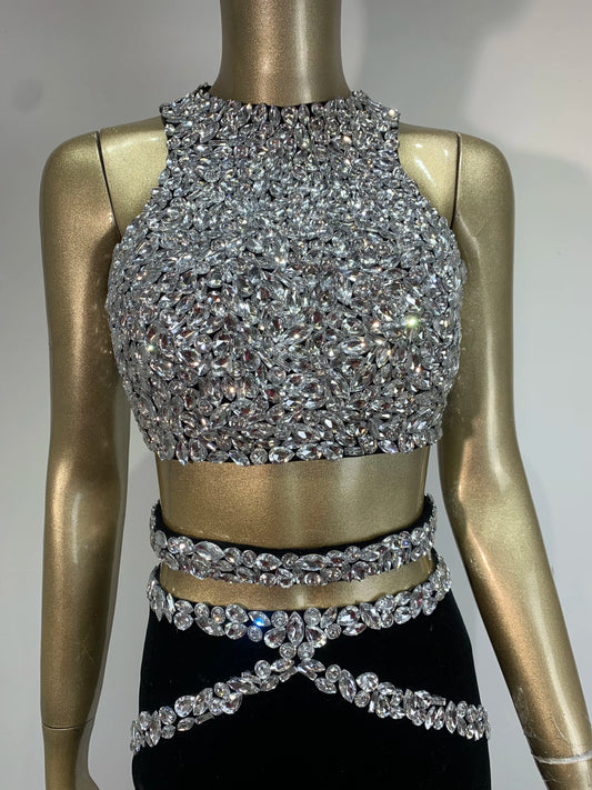 Maxy Sparkly Rhinestone Two-piece Set Women Sexy Velvet Singer Nightclub Outfit Celebrate Birthday Elegant Party Dresses