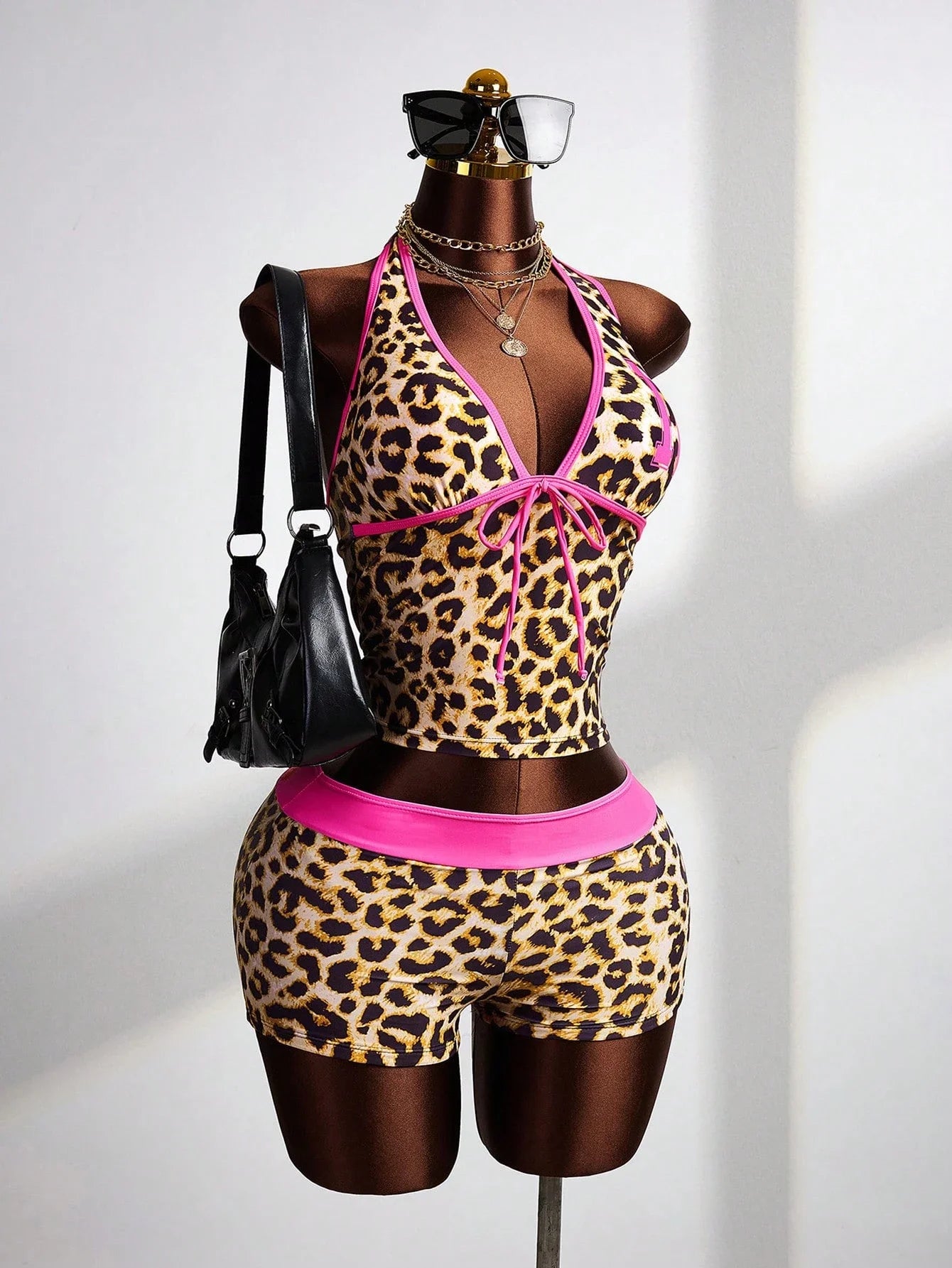 Maxy Leopard Print Halter Tankini Set With Pink Trim Cheeky Shorts Festival Beach Swimwear