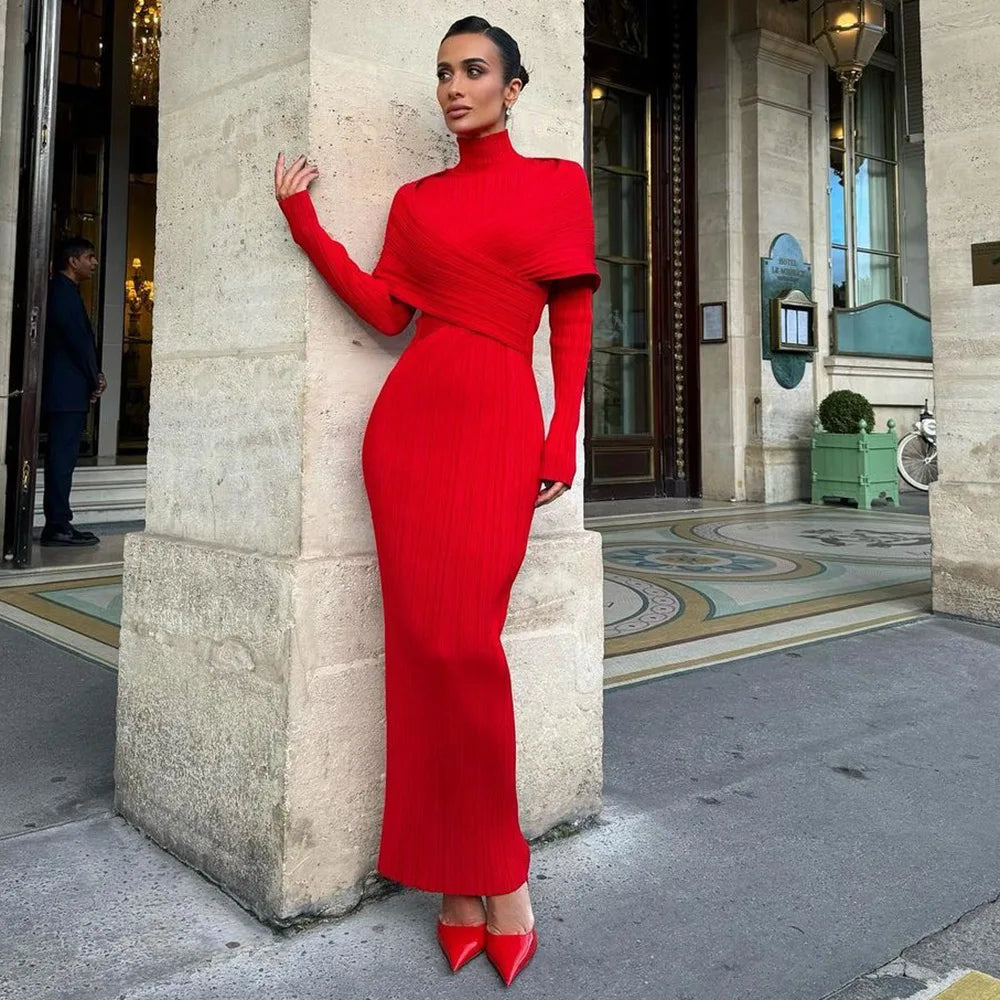 Maxy Women's Party Dresses Luxury Winter New Red Bandage Long Dress Turtle Neck Cross Design Knitted Slim Fit Evening Gown