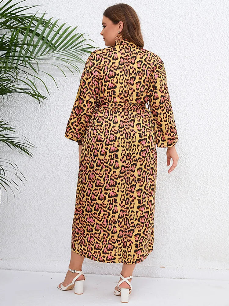 Amay Plus Size Leopard Print Belted Long Kimono Cardigan Women Open Front Long Sleeve Blouse Holiday Bohemian Beach Tunic Tops