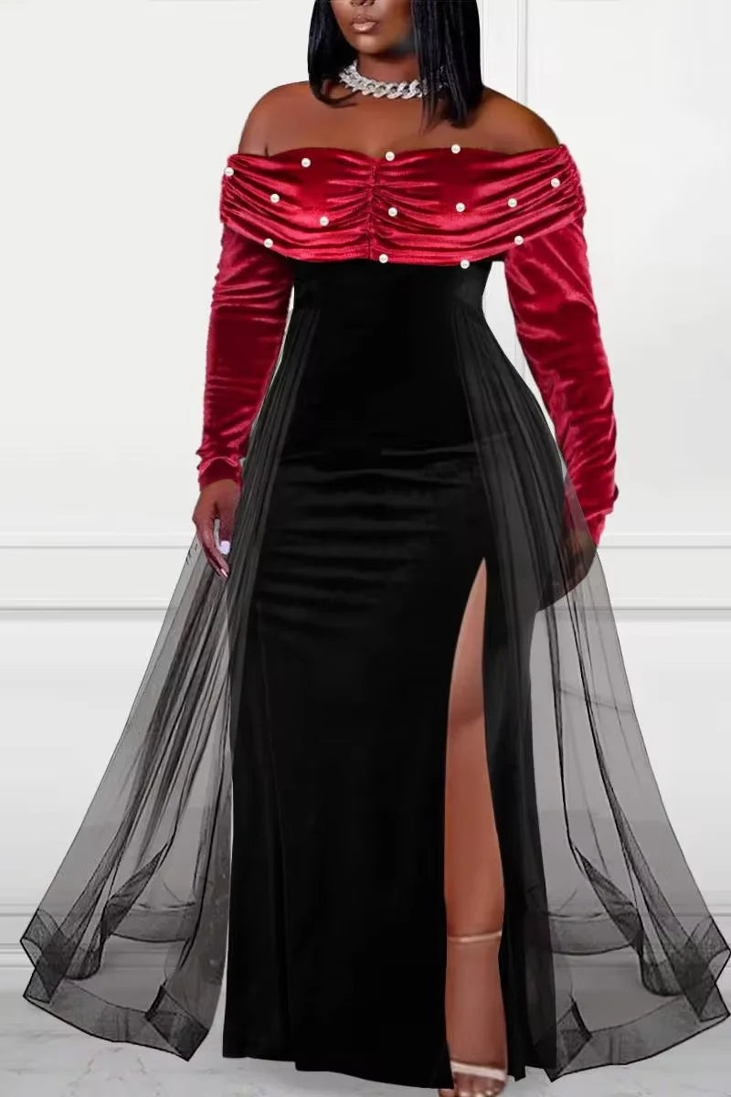 Maxy Women's Plus Size Formal Dress Off The Shoulder Pearl-Embellished Overlay Skirt Velvet Split Maxy Dress Party Evening Dress