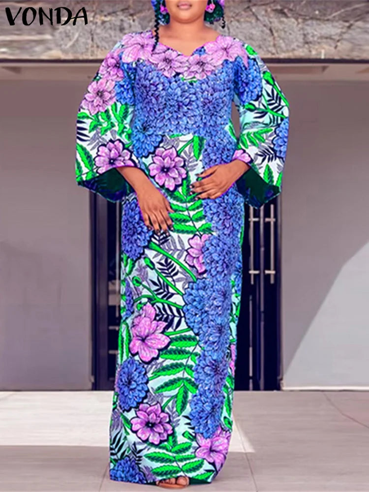 Maxy Plus Size 5XL VONDA Bohemian Maxy Dress Women Elegant Floral Print Sundress Long Sleeve Casual Vestidos Holiday Casual Robe