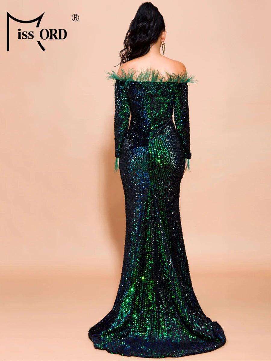 Babs Green Sequin Evening Dresses Elegant Women Off Shoulder Feather Long Sleeves Bodycon Maxy Mermaid Party Prom Dress Gown