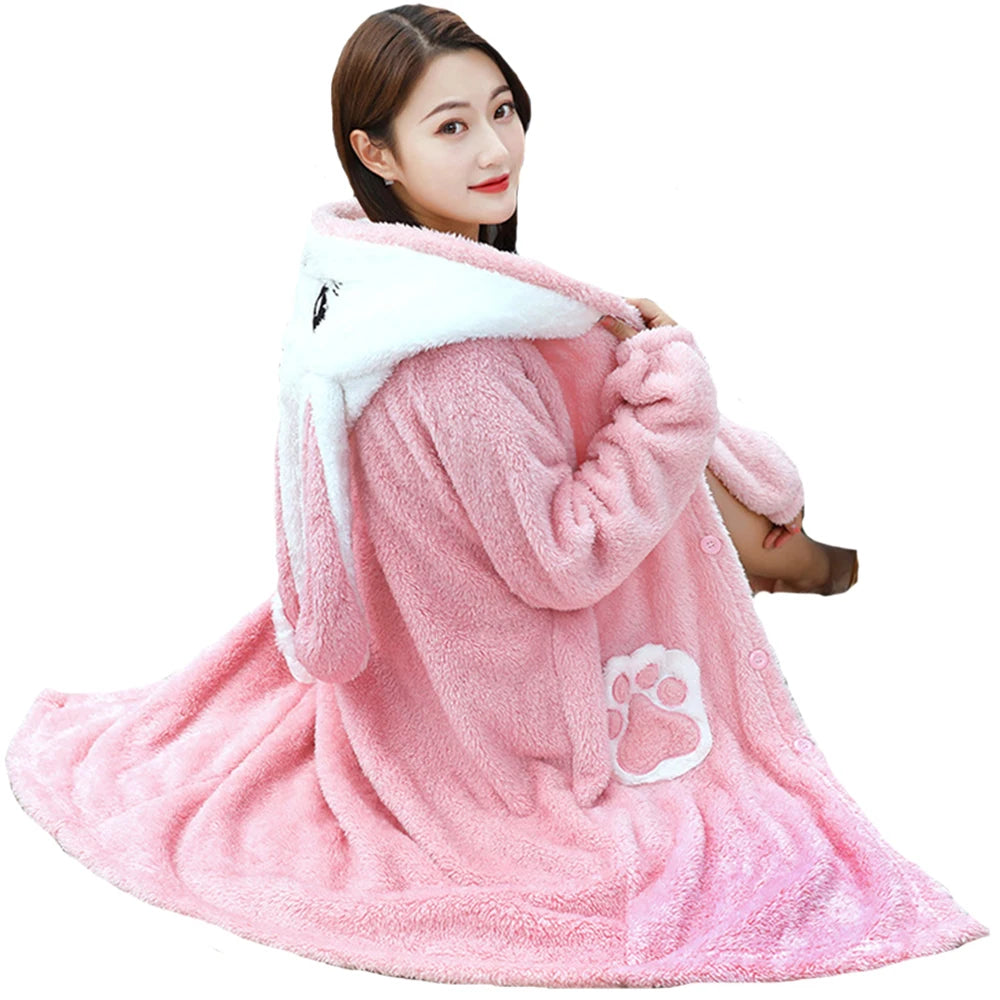 Babs Cute Pink Rabbit Cosplay Sleepwear Flannel Nightgown Cartoon Soft Pajamas Nightdress Plush Hooded Bathrobes Home wear Loungewear