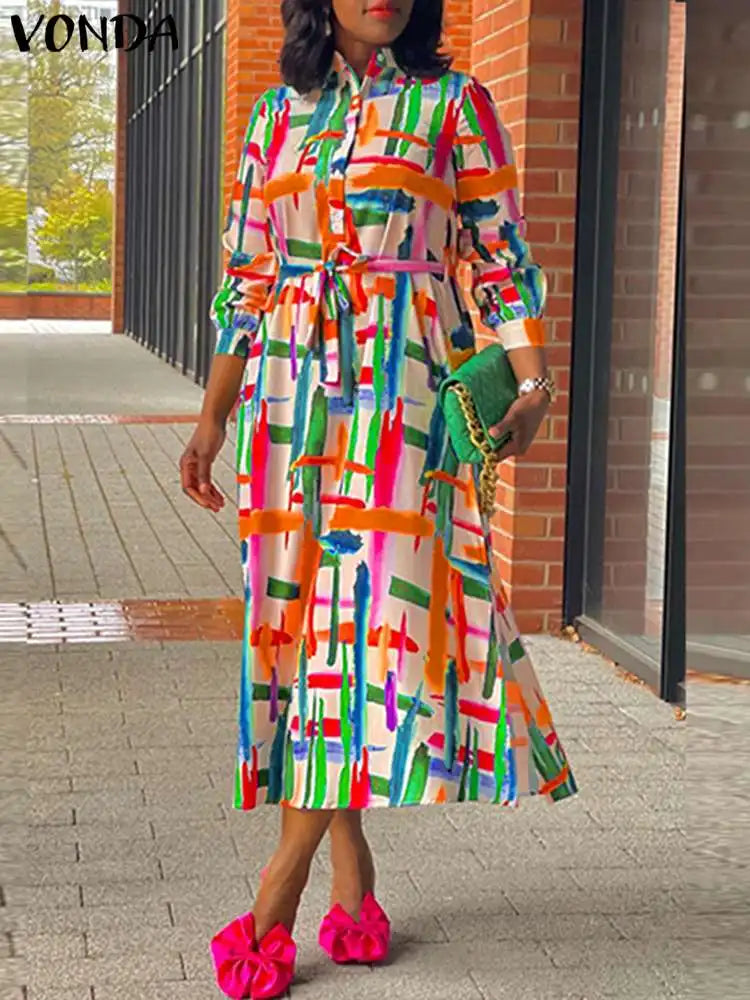 Maxy Plus Size 5XL Bohemian Long Sleeve Vintage Shirt Dress Women Stand Collar Printed Midi Vestido Casual Sundress Belted