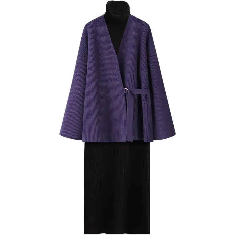 Maxy Women Autumn Winter Sweater Knit Turtleneck Dress 1 or Two Piece Set Lady Graceful Purple Jacket Black Bottoming Dresses Outfits