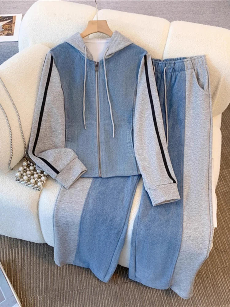 Amay Casual Pant Sets Women Denim 2 Pieces Set Fashion Long Sleeve Hooded Top Drawstring Wide Trousers Autumn Lady Suit