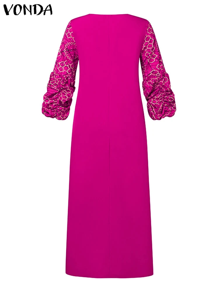 MAXY Plus Size Party Dress Women Bohemian Long Puff Sleeve Casual Printed Vintage Sundress Loose Fashion Party Robe